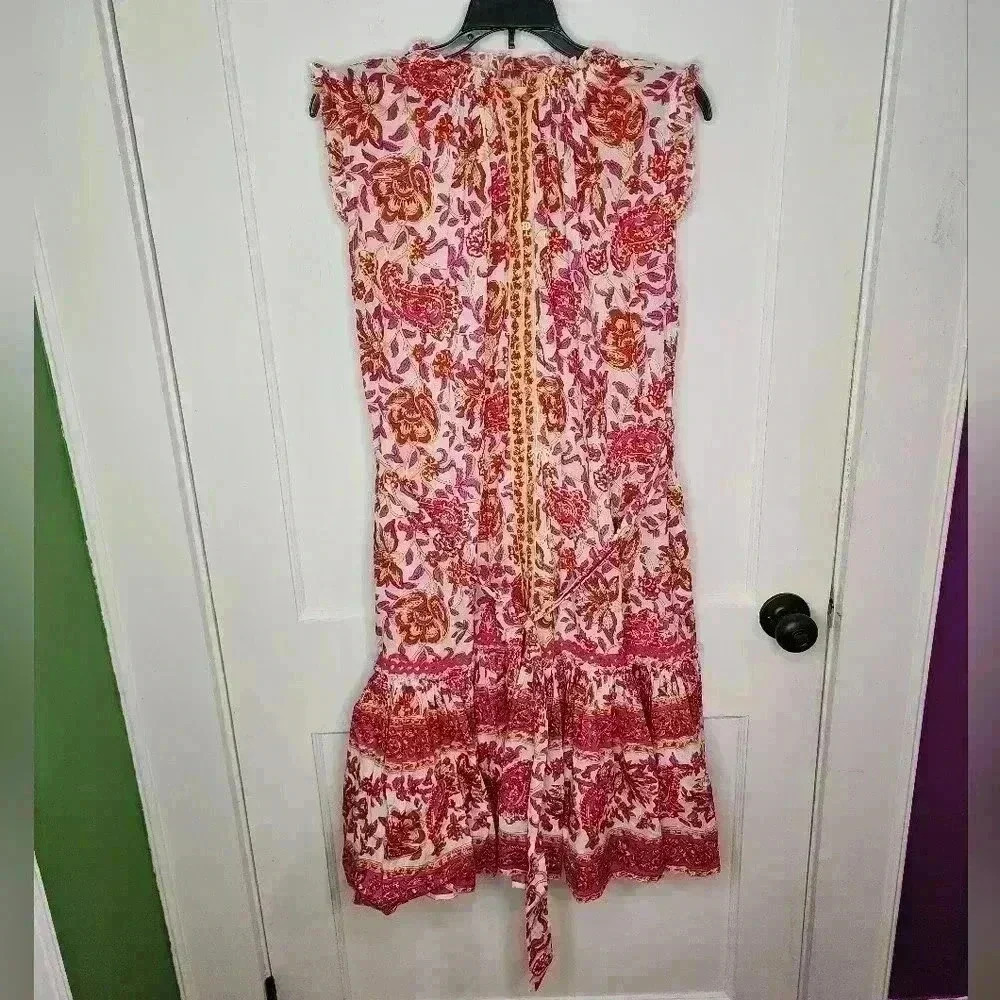 Size XS Lola Australia Leo Midi Dress Floral Paisley Ruffle Tiered Cotton Summer